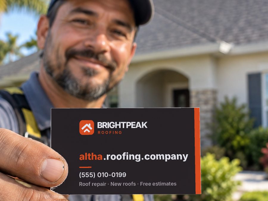 altha.roofing.company on a roofer's business card