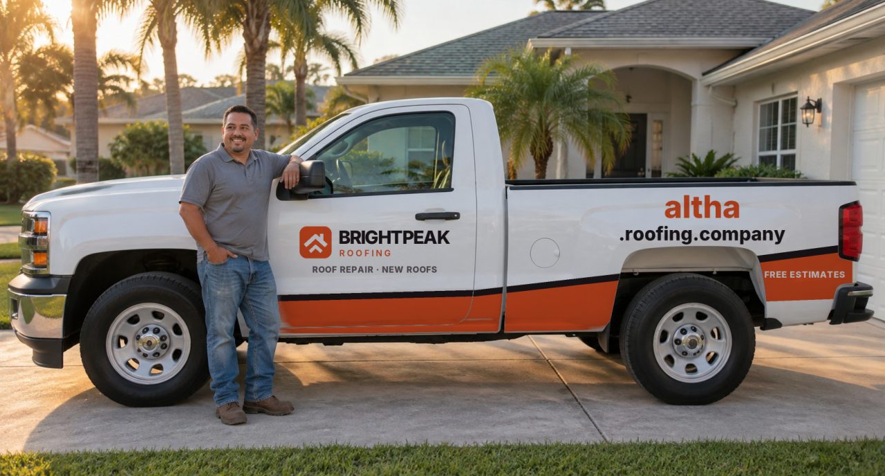 altha.roofing.company painted on the side of a white work truck