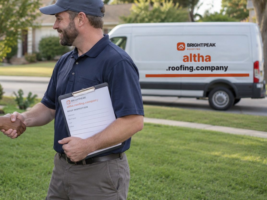 altha.roofing.company on a roofing van and an inspection form